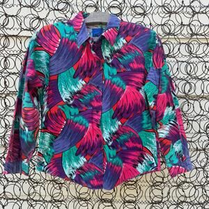 Vintage 90s Girls Roper Western Cowgirl Shirt Bold Brush Stroke Feather Size 14